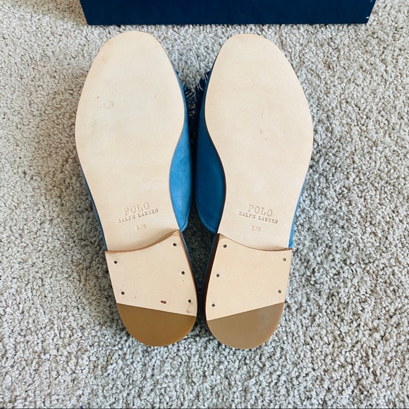 Beautiful Blue Suede Comfortable Round Toe Mules w Blue Raffia Accent Size 8.5 - Picture 6 of 10